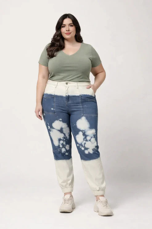 Abfy Zoo Womens High Rise Regular Fit Off White Indigo Blue Ombray Dyed Denim Jogger - Style Code "KGDJGR-404004