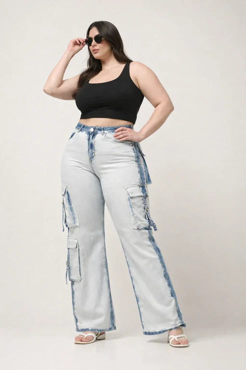 Kagad Womens High Rise Wide Leg Regular Fit White blue Denim Cargo Pocket Jeans - Style Code "KGDJGR-404006