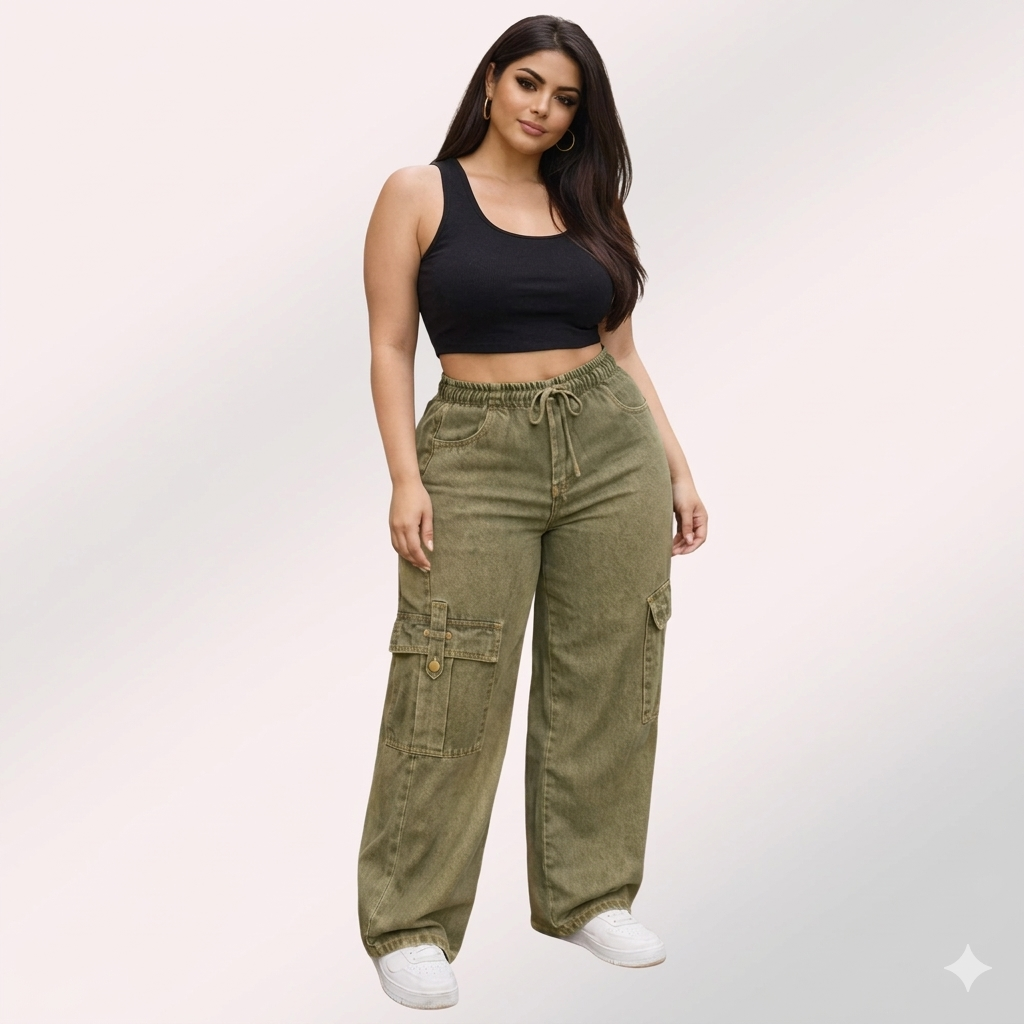 Womens elasticated waist loose straight fit Cargo Jeans KGDJNS-404044