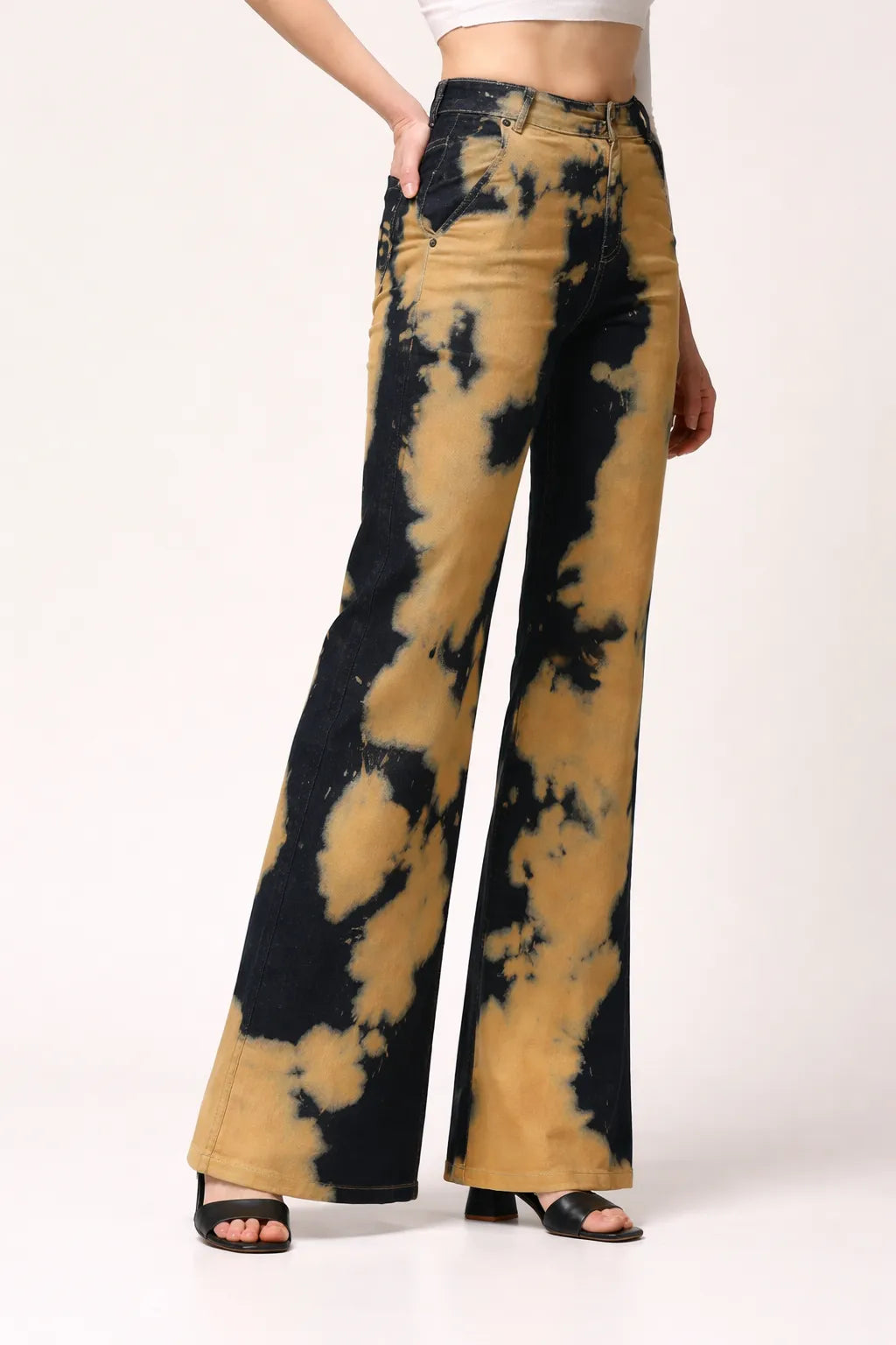 Kagad Womens High Rise Wide Leg Flared Navy Rich Cream Tie Dyed Denim Jeans - Style Code "KGDJNS-404014