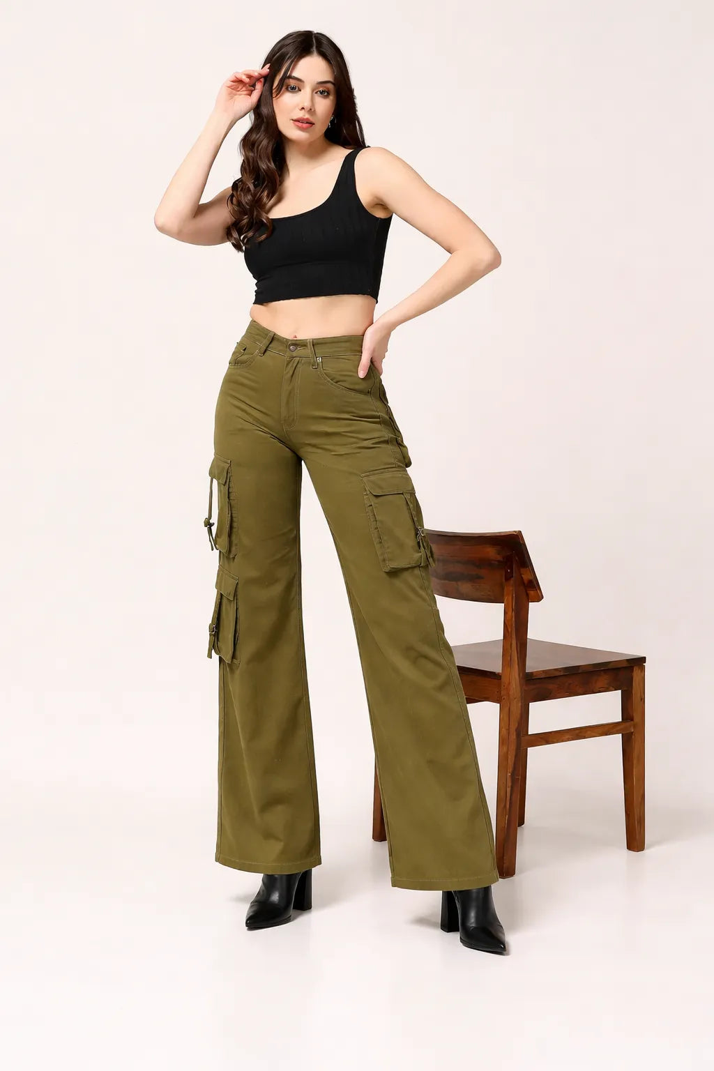 Kagad Womens High Rise Wide Leg Regular Fit Olive Green Denim Cargo Pocket Jeans - Style Code "KGDJGR-404009