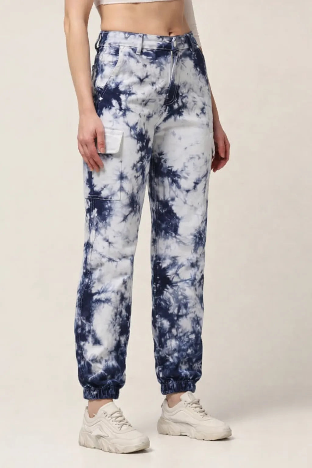 Abfy Zoo Womens High Rise Regular Fit White Blue Tie Dyed Denim Jeans Jogger - Style Code "KGDJGR-404001