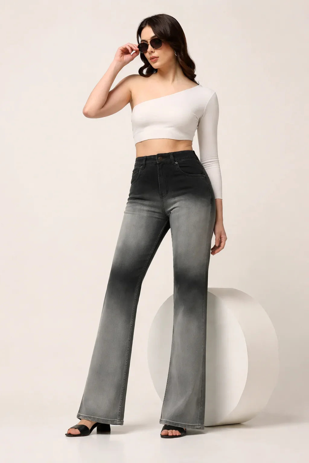 Kagad Womens High Rise Boot Cut Black Grey Ombray Dyed Denim Jeans - Style Code "KGDJNS-404016