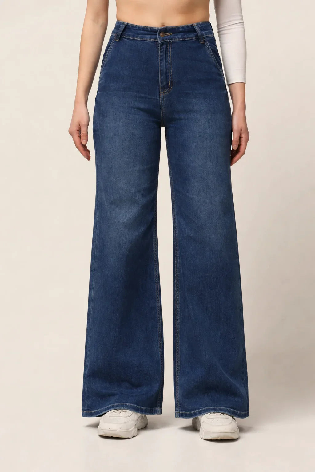 Kagad Womens High Rise Wide Leg Flared Mid Blue Denim Jeans - Style Code "KGDJNS-404012