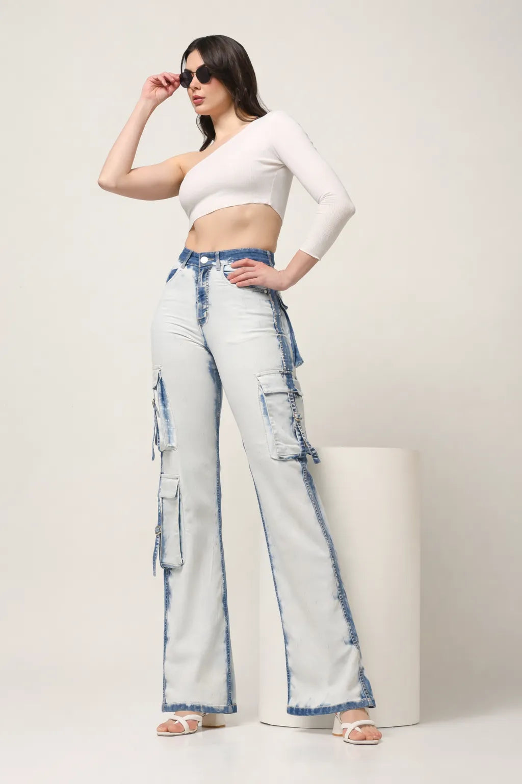 Kagad Womens High Rise Wide Leg Regular Fit White blue Denim Cargo Pocket Jeans - Style Code "KGDJGR-404006