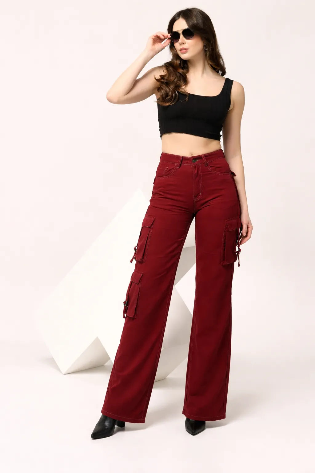 Kagad Womens High Rise Wide Leg Regular Fit Crimson Red Denim Cargo Pocket Jeans - Style Code "KGDJGR-404008