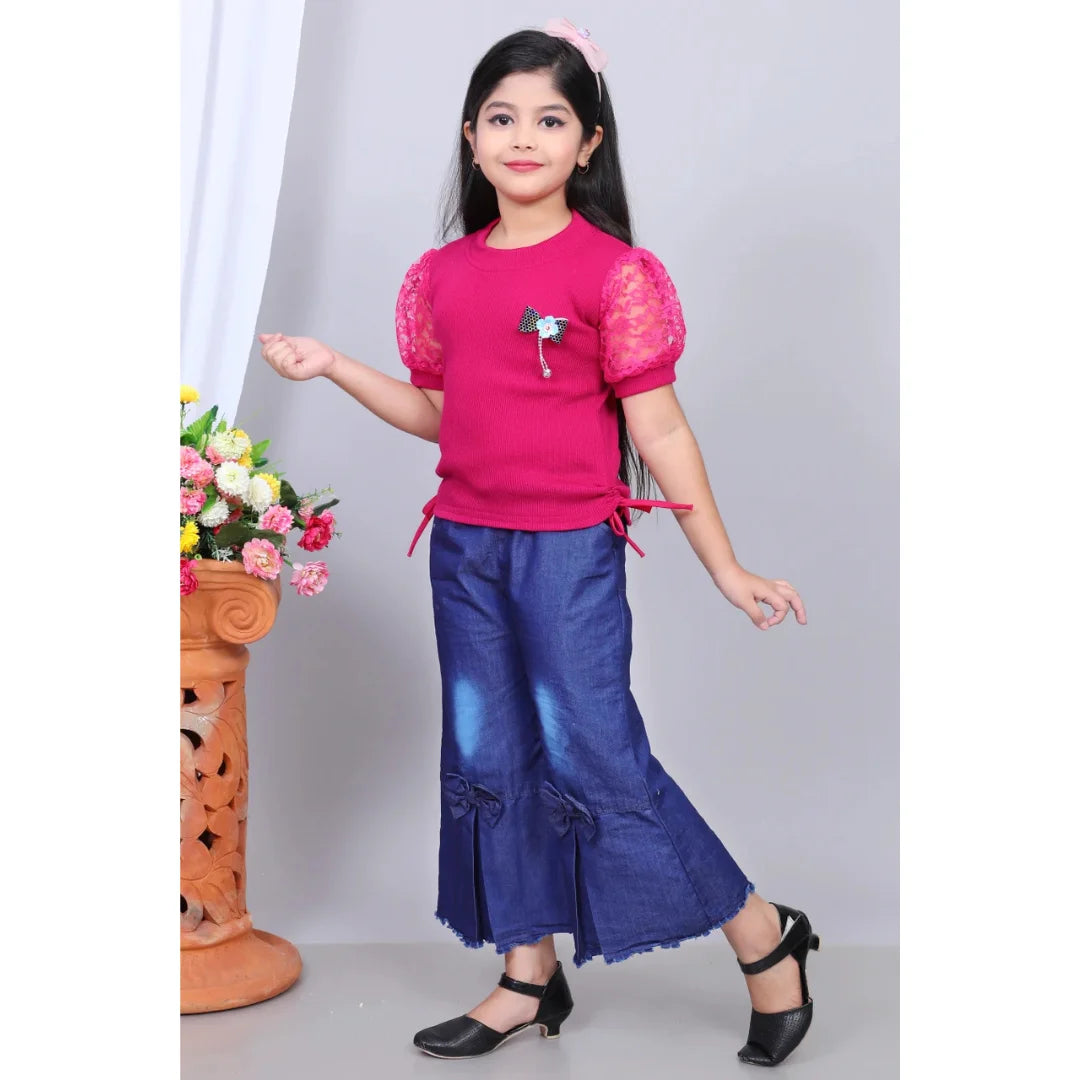 Girls Cotton Blend Top & Denim Jeans Set – Stylish Pink Top with Flared Blue Jeans
