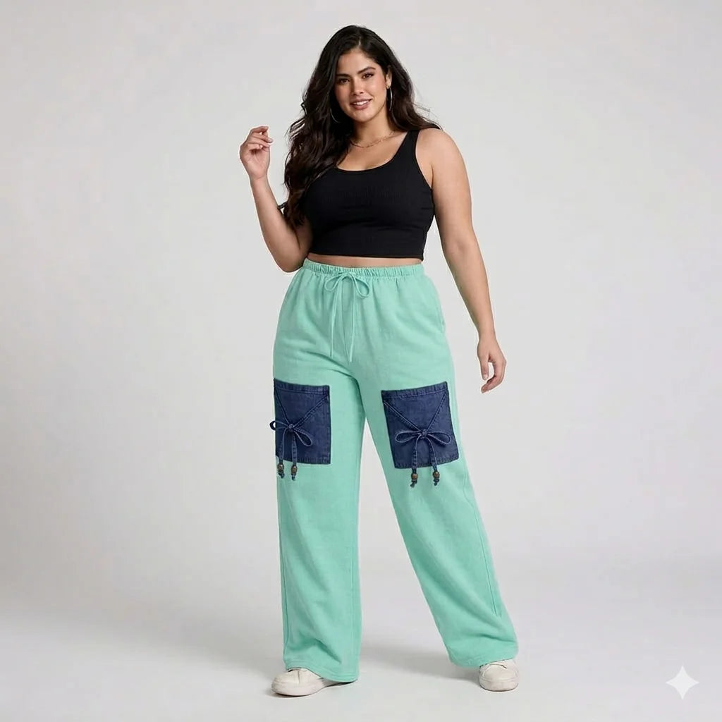 Mint Green Denim Palazzo Jeans with Front Thigh Pockets – Relaxed Fit