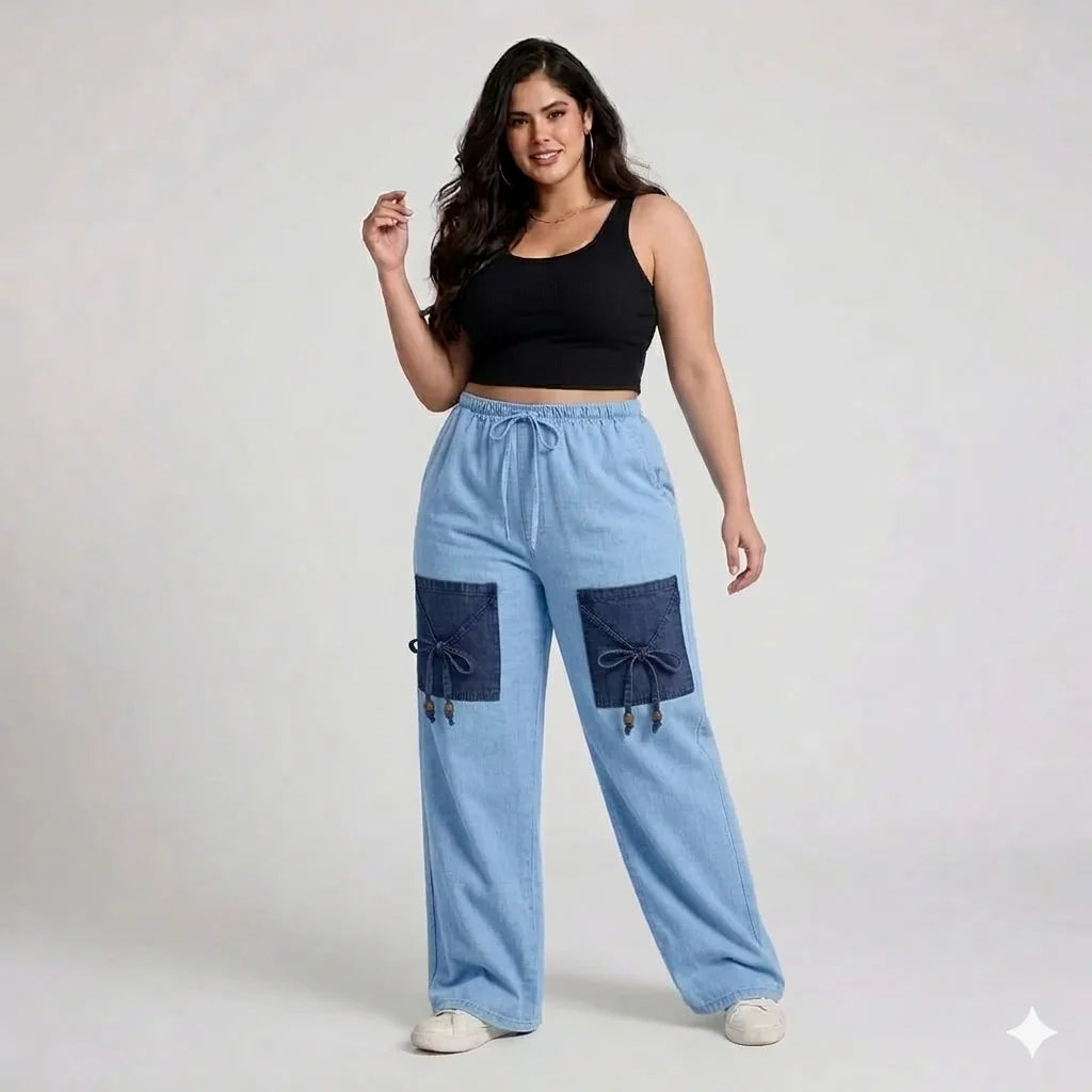 Light Blue Denim Palazzo Jeans with Front Thigh Pockets – Relaxed Wide Leg Fit