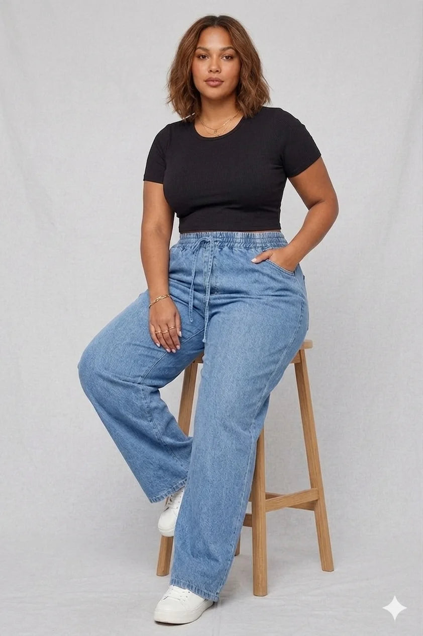 100 ZOO Womens high rise elasticated waist loose straight fit Jeans AZJNS-4028