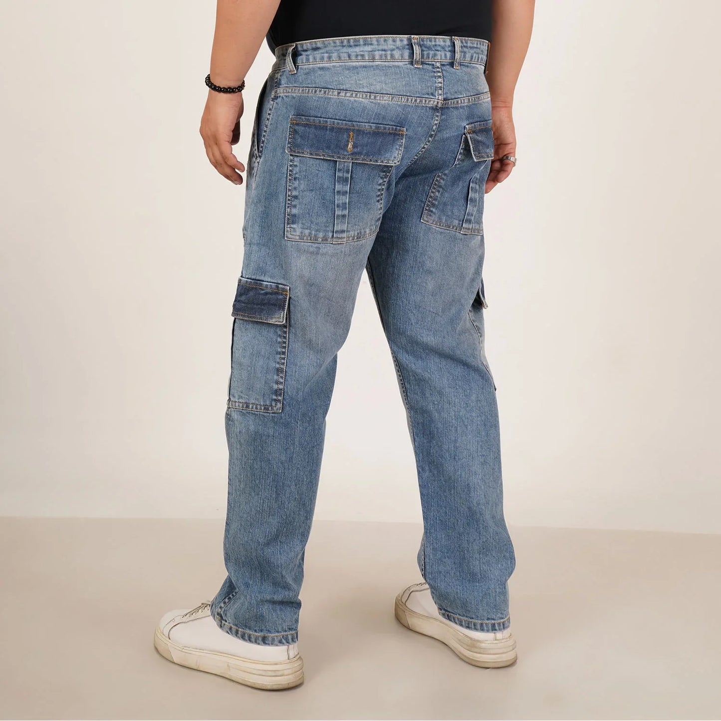 Kagad Mens Plus Size Straight Fit Light Blue Color Denim Cargo Jeans - Style Code "KGDCR-406050
