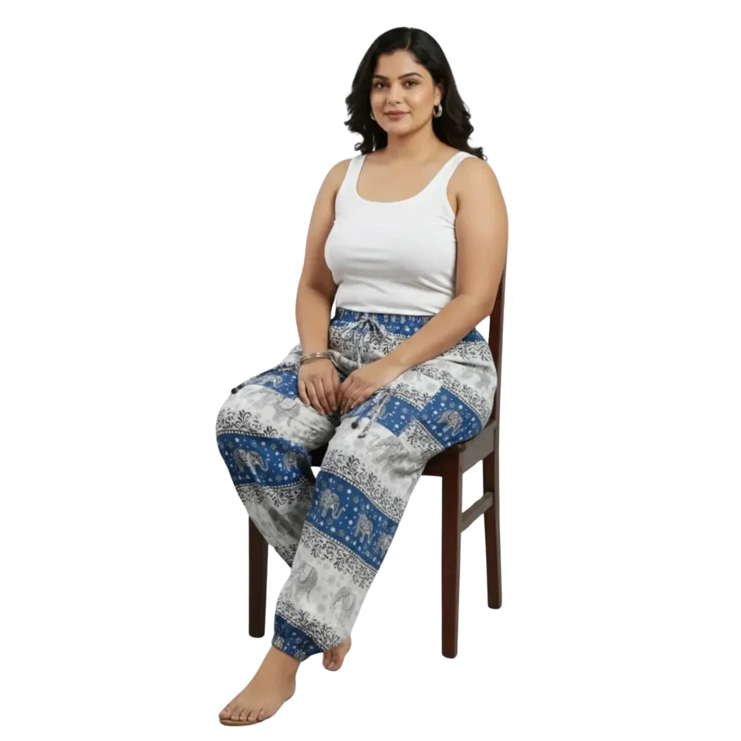 Blue & White Cotton Harem Pants with Elephant Print & Front Thigh Pockets – Relaxed Fit