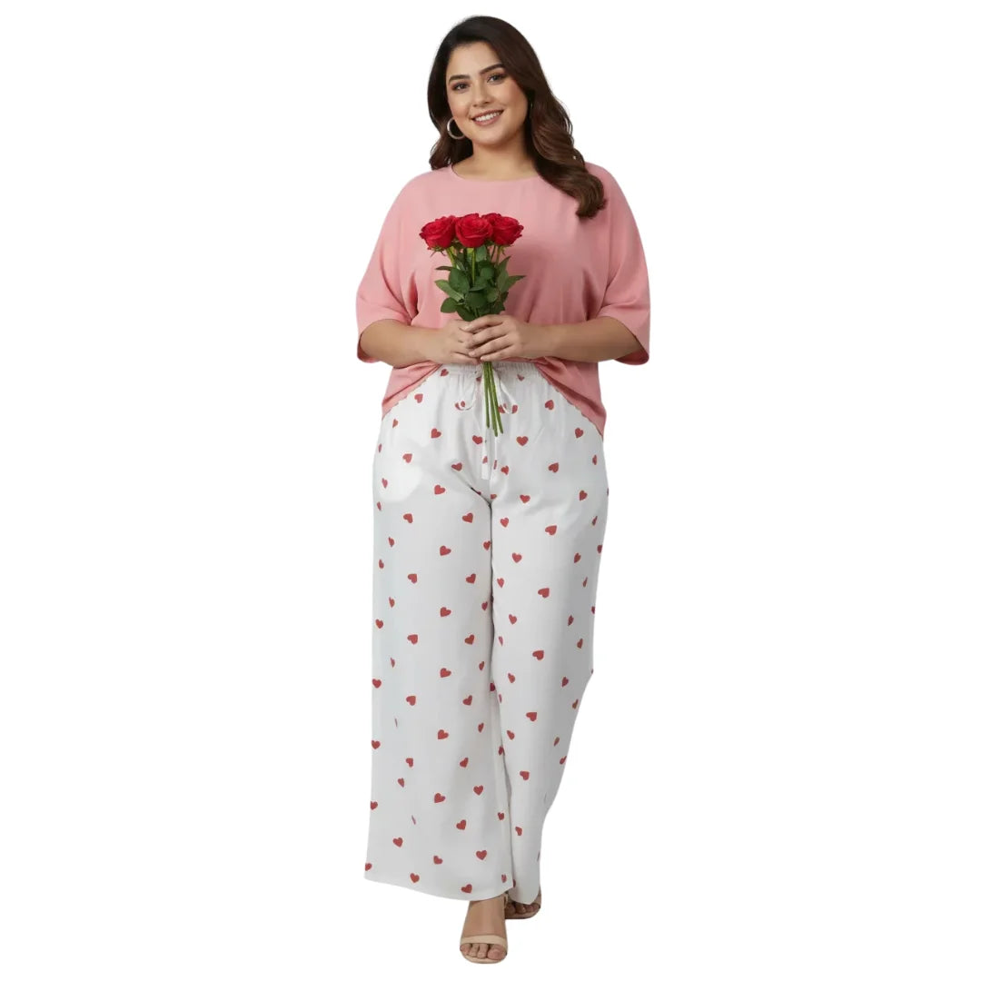 White Rayon Palazzo Pants with Heart Print & Side Pocket – Relaxed Fit