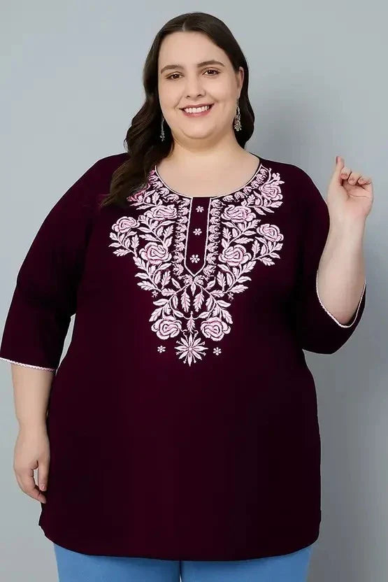 Women’s Cotton Embroidered Straight Top – Maroon Elegant Casual Wear