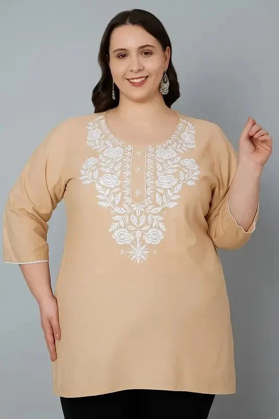 Women’s Cotton Embroidered Straight Top – Beige Elegant Casual Wear