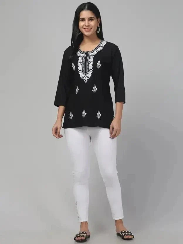 Women’s Cotton Embroidered Straight Top – Black Printed Elegant Casual Wear