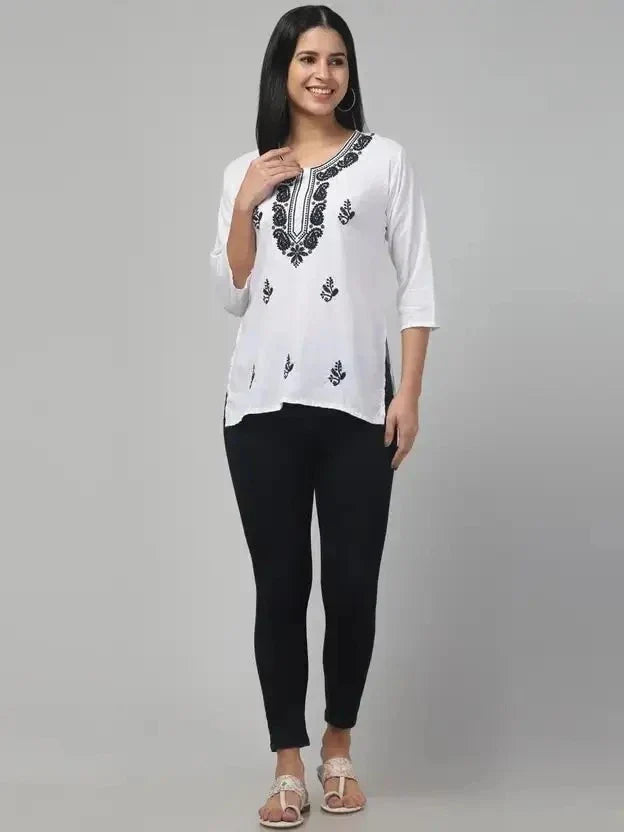 Women’s Cotton Embroidered Straight Top – White Printed Elegant Casual Wear