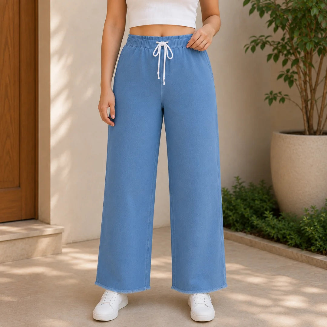 Women's Straight Fit Denim Jeans with Elastic Waist & Drawstring | Pocket-Free Design