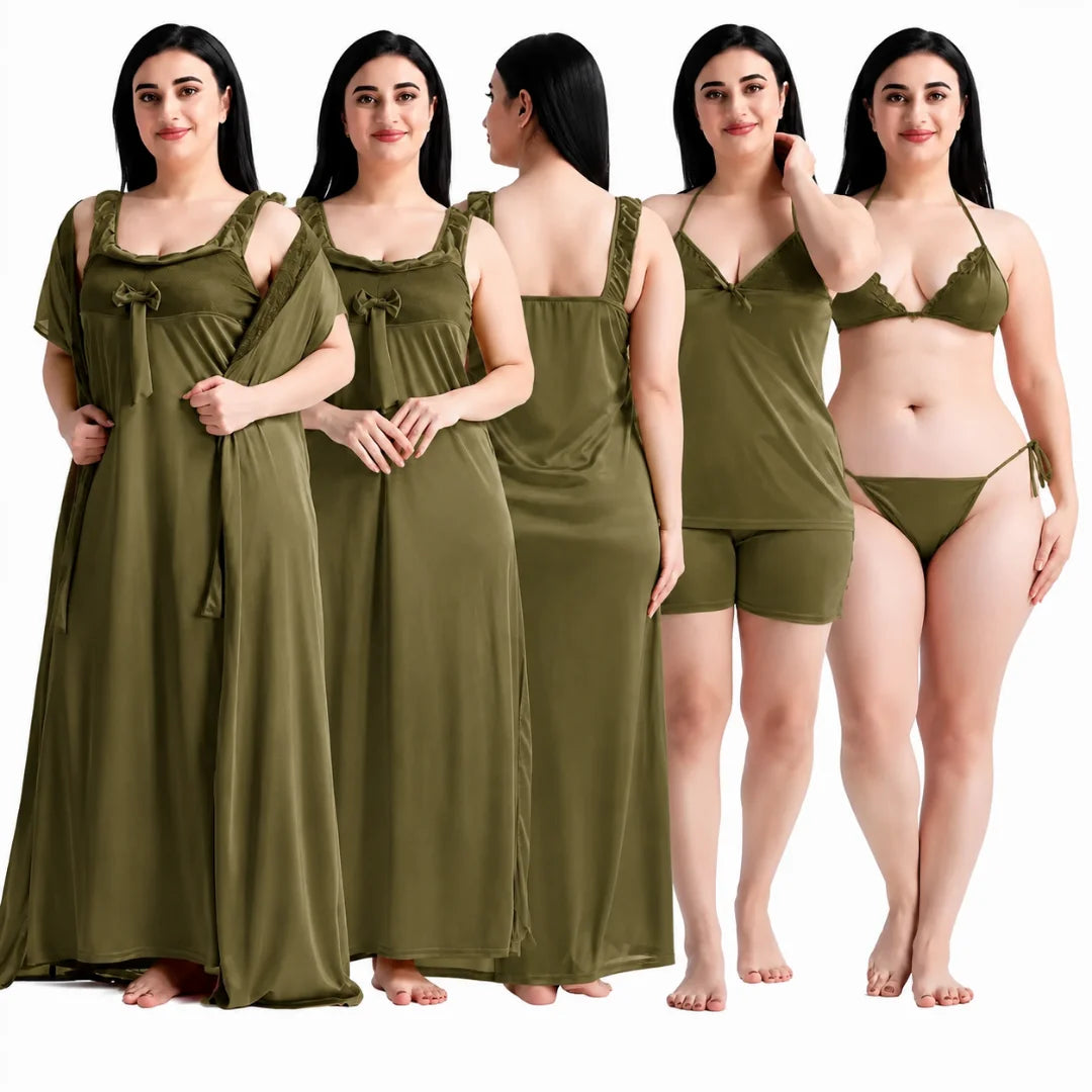 Women's 6-Piece Satin Nightwear Lingerie Set with Robe, Nighty, Babydoll, Shorts, Bra & Panty – Green