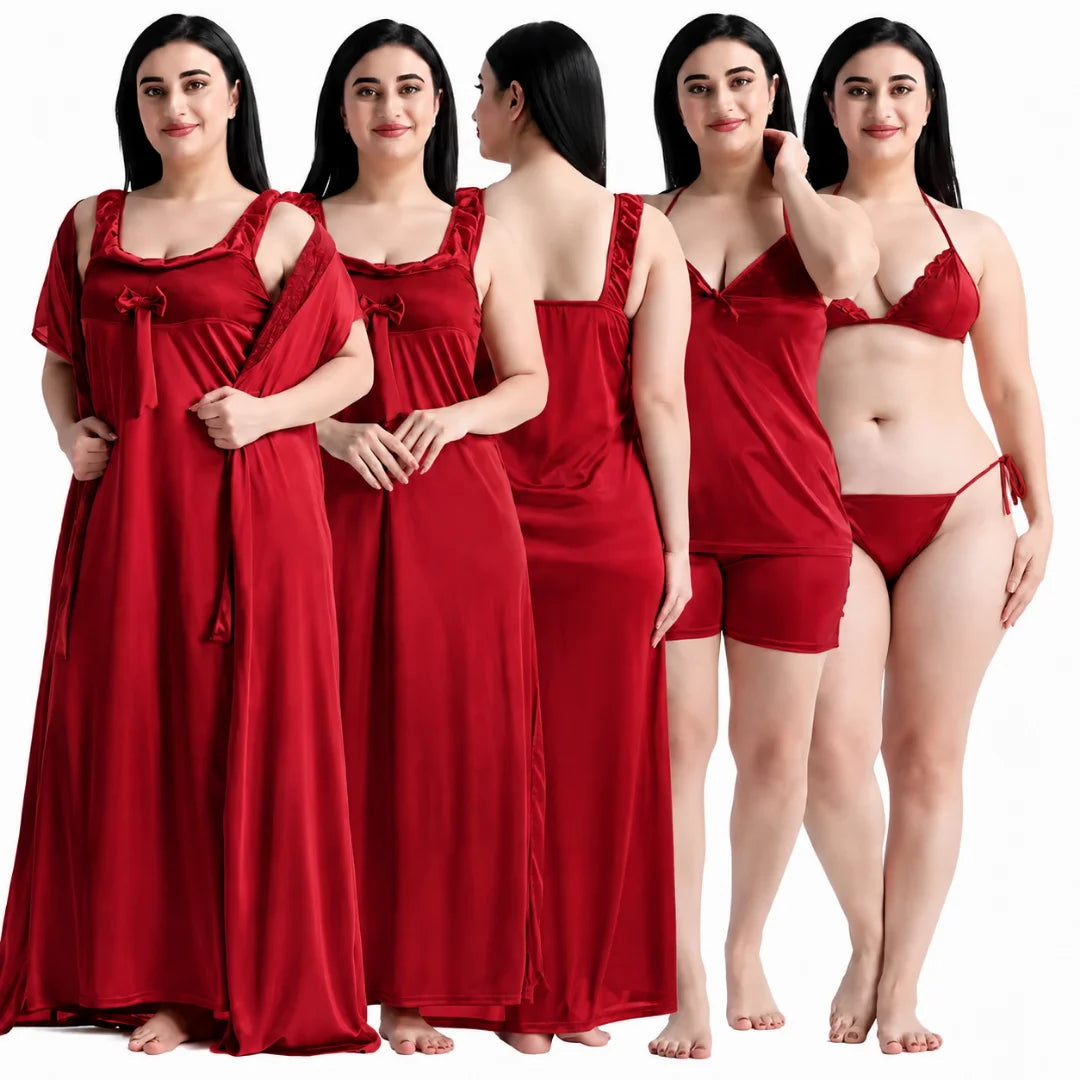 Women's 6-Piece Satin Nightwear Lingerie Set with Robe, Nighty, Babydoll, Shorts, Bra & Panty – Red