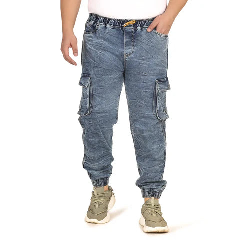 Men Regular and Plus Size Cargo Pocket Mid Blue Textured Indigo Denim Jogger - Style Code "KGDJGR-406013