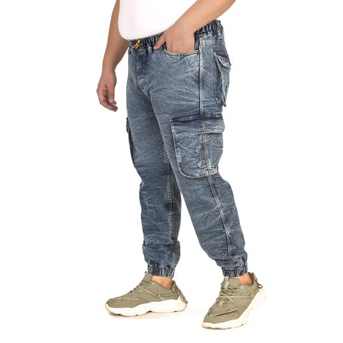Men Regular and Plus Size Cargo Pocket Mid Blue Textured Indigo Denim Jogger - Style Code "KGDJGR-406013