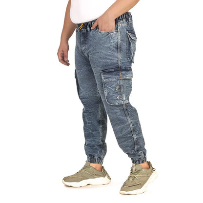 Men Regular and Plus Size Cargo Pocket Mid Blue Textured Indigo Denim Jogger - Style Code "KGDJGR-406013