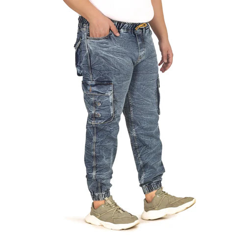 Men Regular and Plus Size Cargo Pocket Mid Blue Textured Indigo Denim Jogger - Style Code "KGDJGR-406013
