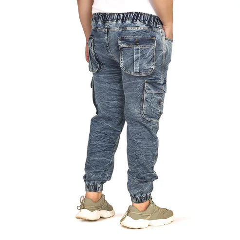 Men Regular and Plus Size Cargo Pocket Mid Blue Textured Indigo Denim Jogger - Style Code "KGDJGR-406013