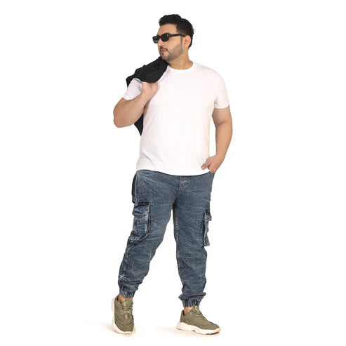 Men Regular and Plus Size Cargo Pocket Mid Blue Textured Indigo Denim Jogger - Style Code "KGDJGR-406013