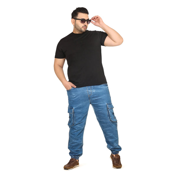 Abfy Zoo Men Regular and Plus Size Cargo Pocket Ice Blue Textured Indigo Denim Jogger - Style Code "KGDJGR-406004
