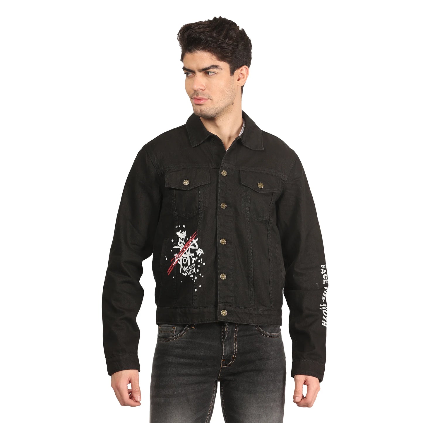 Kagad Men Regular Fit Black Printed Denim Jacket - Style Code "KGDJKT-402001