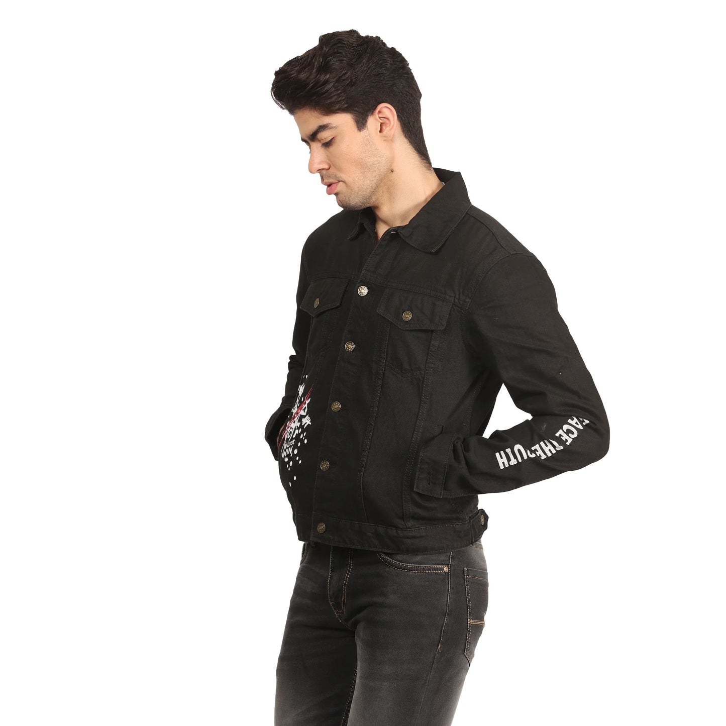 Kagad Men Regular Fit Black Printed Denim Jacket - Style Code "KGDJKT-402001