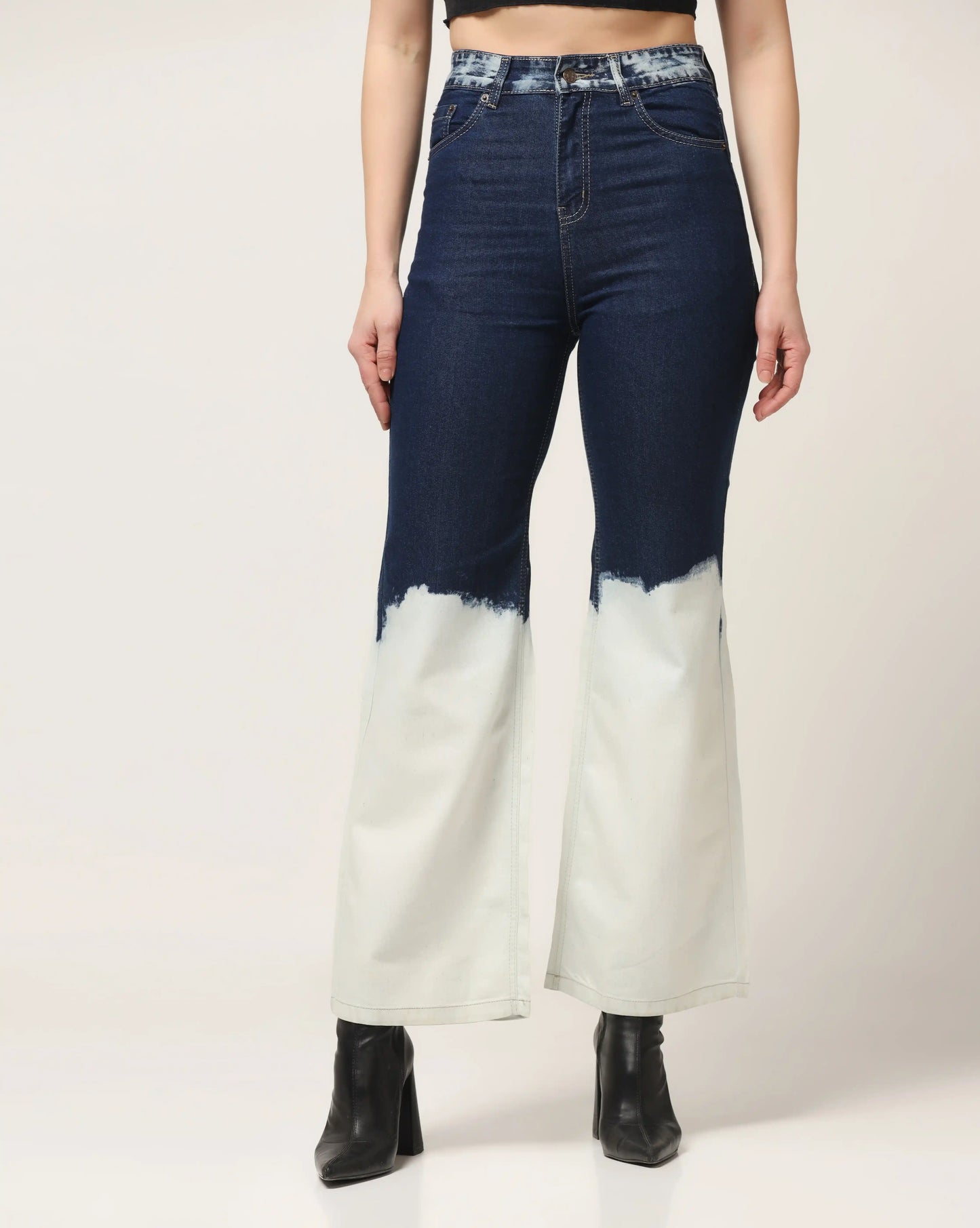 Kagad Womens High Rise Wide Leg Flared Navy Off White Ombray Dyed Denim Jeans - Style Code "KGDJNS-404024