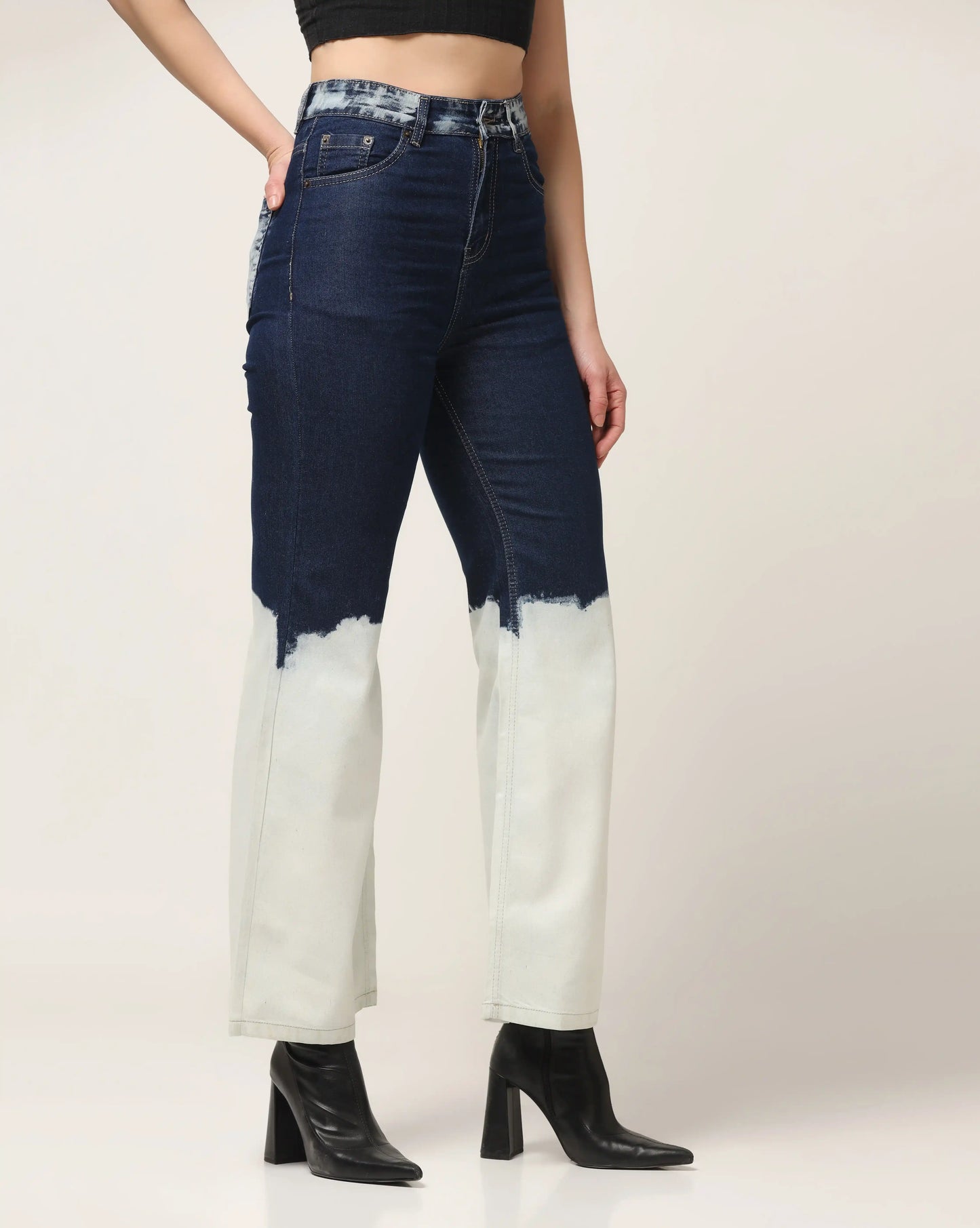 Kagad Womens High Rise Wide Leg Flared Navy Off White Ombray Dyed Denim Jeans - Style Code "KGDJNS-404024