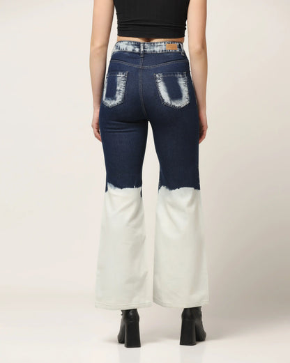 Kagad Womens High Rise Wide Leg Flared Navy Off White Ombray Dyed Denim Jeans - Style Code "KGDJNS-404024
