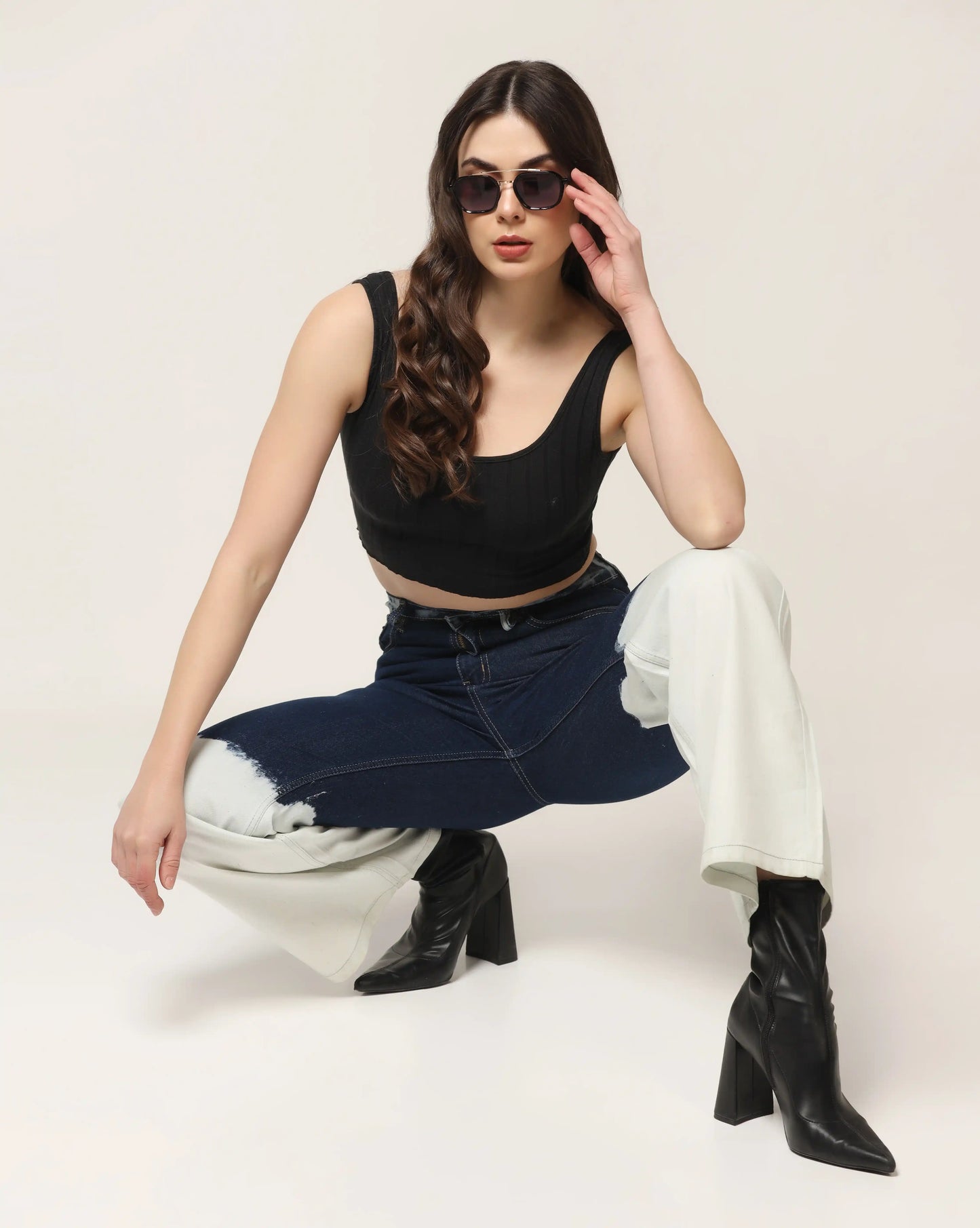 Kagad Womens High Rise Wide Leg Flared Navy Off White Ombray Dyed Denim Jeans - Style Code "KGDJNS-404024