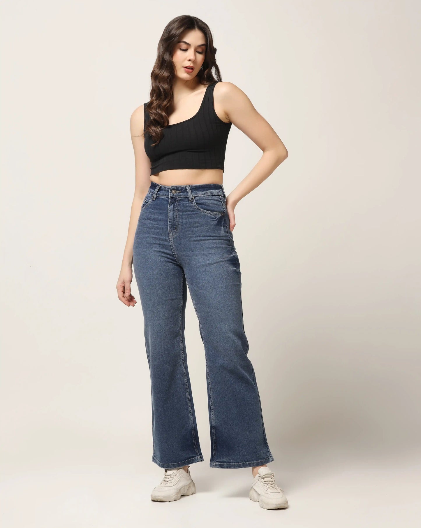 Kagad Womens High Rise Wide Leg Flared Vintage Blue Dyed Denim Jeans - Style Code "KGDJNS-404027
