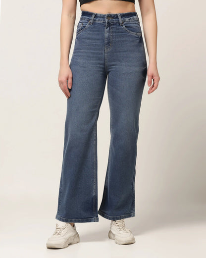 Kagad Womens High Rise Wide Leg Flared Vintage Blue Dyed Denim Jeans - Style Code "KGDJNS-404027