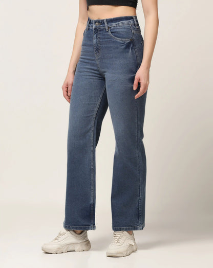 Kagad Womens High Rise Wide Leg Flared Vintage Blue Dyed Denim Jeans - Style Code "KGDJNS-404027