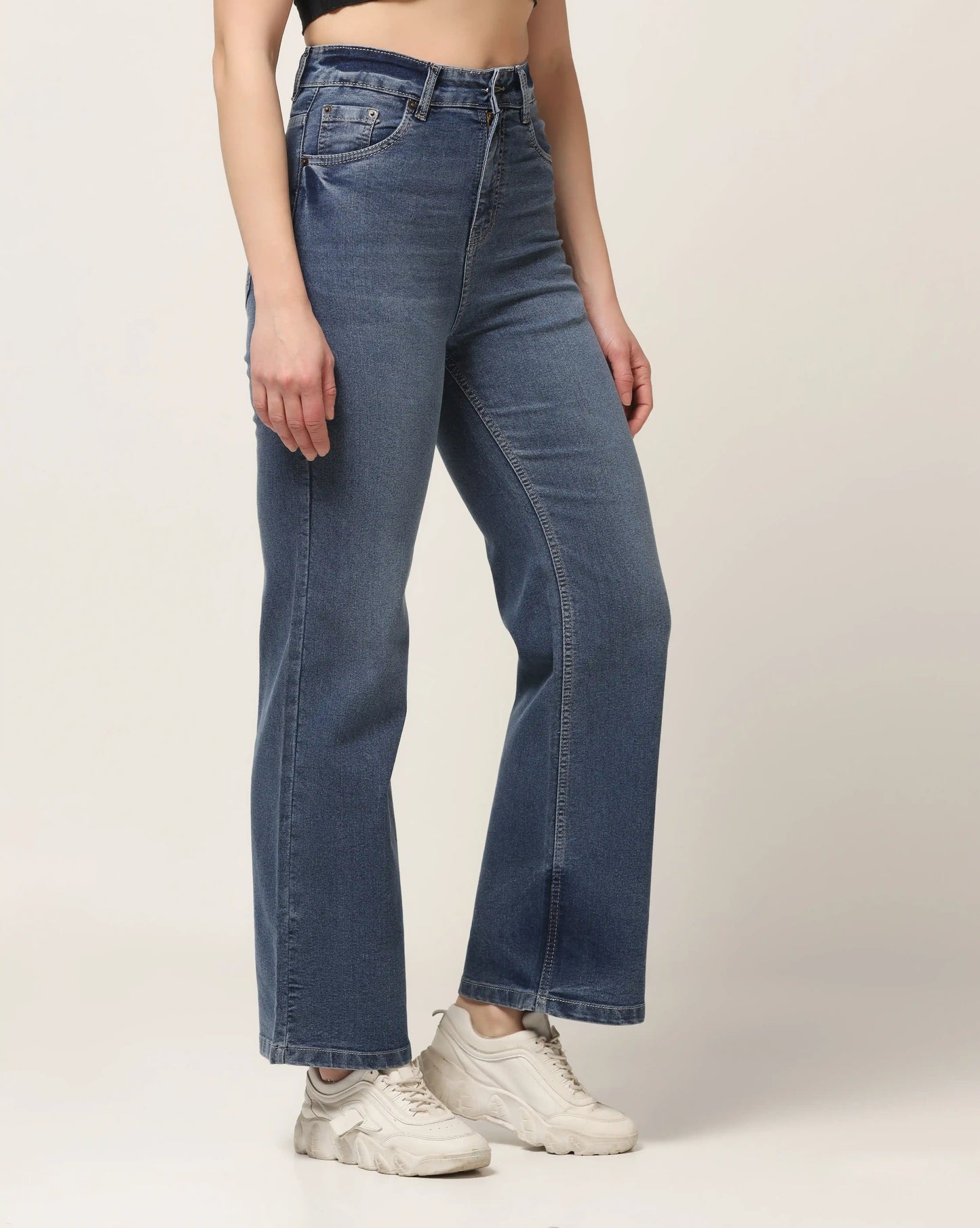 Kagad Womens High Rise Wide Leg Flared Vintage Blue Dyed Denim Jeans - Style Code "KGDJNS-404027