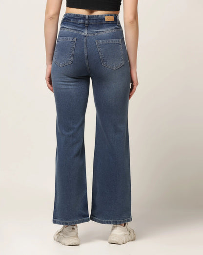 Kagad Womens High Rise Wide Leg Flared Vintage Blue Dyed Denim Jeans - Style Code "KGDJNS-404027