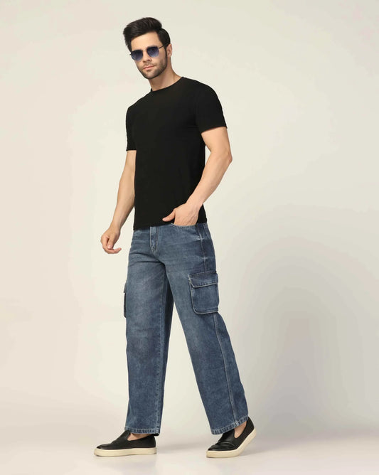 Kagad Jeans Mens Loose Fit Wide Leg Fadded Blue Cargo Jeans - Style Code "KGDCRG-403048