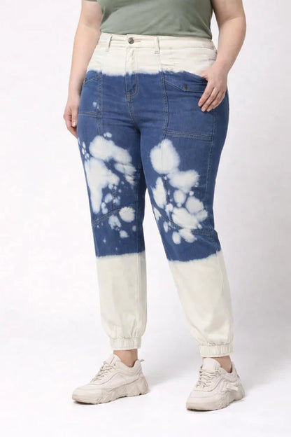 Abfy Zoo Womens High Rise Regular Fit Off White Indigo Blue Ombray Dyed Denim Jogger - Style Code "KGDJGR-404004
