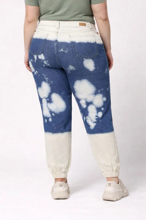 Abfy Zoo Womens High Rise Regular Fit Off White Indigo Blue Ombray Dyed Denim Jogger - Style Code "KGDJGR-404004