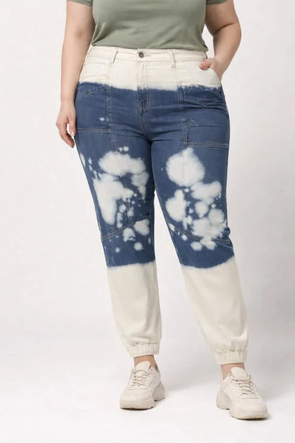 Abfy Zoo Womens High Rise Regular Fit Off White Indigo Blue Ombray Dyed Denim Jogger - Style Code "KGDJGR-404004