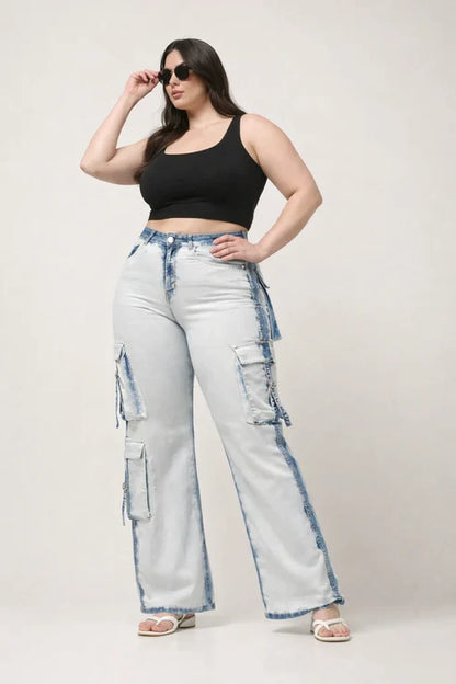 Kagad Womens High Rise Wide Leg Regular Fit White blue Denim Cargo Pocket Jeans - Style Code "KGDJGR-404006