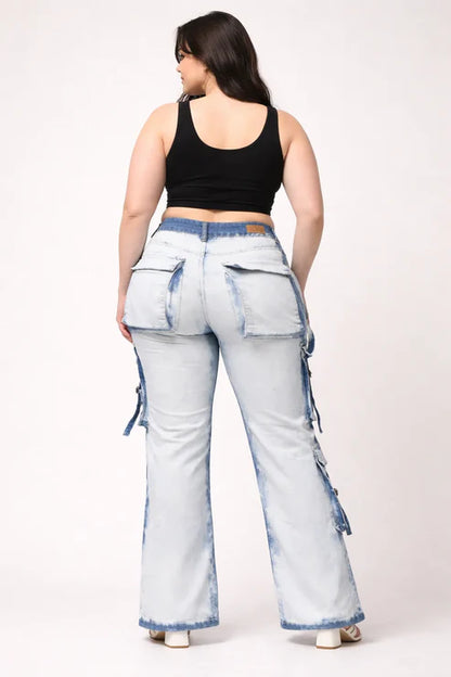 Kagad Womens High Rise Wide Leg Regular Fit White blue Denim Cargo Pocket Jeans - Style Code "KGDJGR-404006