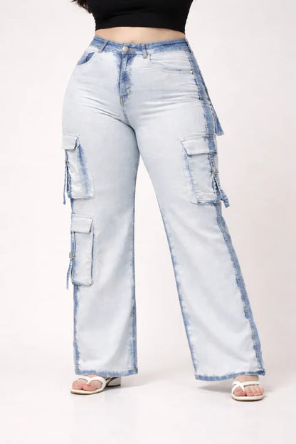 Kagad Womens High Rise Wide Leg Regular Fit White blue Denim Cargo Pocket Jeans - Style Code "KGDJGR-404006