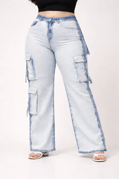 Kagad Womens High Rise Wide Leg Regular Fit White blue Denim Cargo Pocket Jeans - Style Code "KGDJGR-404006